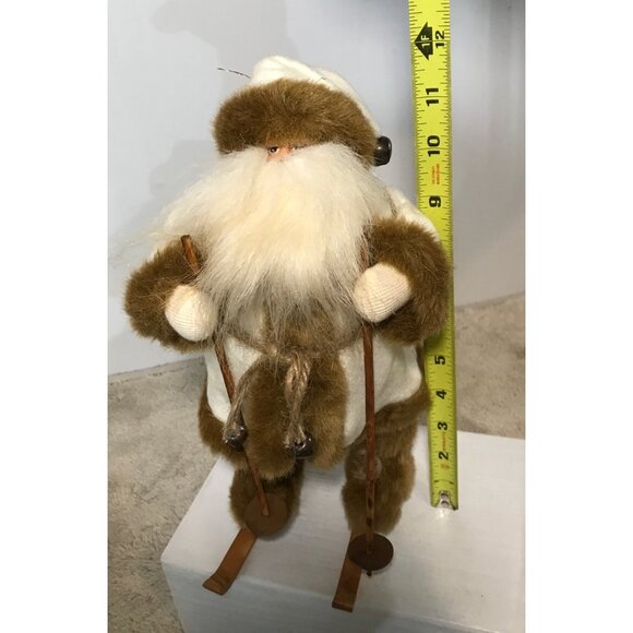 Skiing Santa Claus Figure 12" Faux Fur Burlap Wooden Ski Rustic Christmas - Picture 5 of 10